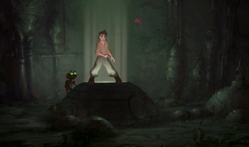 Movie still from “Treasure Planet” (2002), directed by John Musker – An animated boy is standing on a rock in a dark forest; Wide shot, High angle