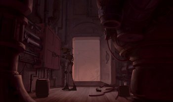 Movie still from “Treasure Planet” (2002), directed by John Musker – An artistic rendering of a room in a factory; Extreme Wide shot, Low angle