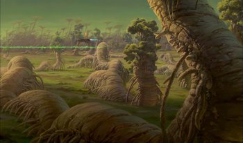 Movie still from “Treasure Planet” (2002), directed by John Musker – An artistic painting of an alien landscape with trees; Extreme Wide shot, High angle