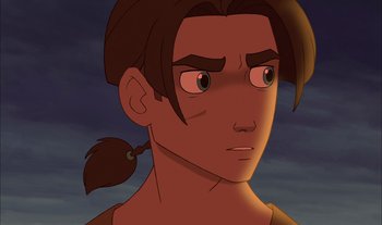 Movie still from “Treasure Planet” (2002), directed by John Musker – A person with long brown hair; Close Up shot, Low angle