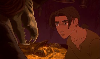 Movie still from “Treasure Planet” (2002), directed by John Musker – A man staring at a dragon in a cave; Close Up shot, High angle