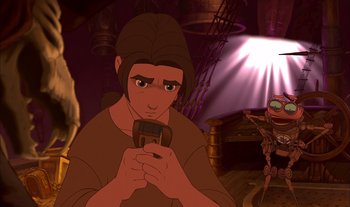 Movie still from “Treasure Planet” (2002), directed by John Musker – A man holding a cell phone while standing in a dimly - lit room; Medium shot, Low angle