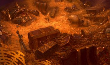Movie still from “Treasure Planet” (2002), directed by John Musker – An image of a pile of gold coins in the sand; Extreme Wide shot, High angle