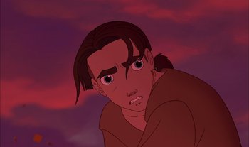 Movie still from “Treasure Planet” (2002), directed by John Musker – A man with long brown hair is looking at the camera; Close Up shot, Low angle