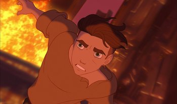 Movie still from “Treasure Planet” (2002), directed by John Musker – A man with brown hair and a brown shirt is in the foreground; Close Up shot, Overhead angle