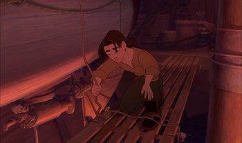 Movie still from “Treasure Planet” (2002), directed by John Musker – A man in brown shirt and brown pants working on a pipe; Medium shot, High angle