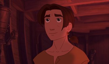 Movie still from “Treasure Planet” (2002), directed by John Musker – A person with long brown hair; Close Up shot, Over the shoulder angle