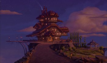 Movie still from “Treasure Planet” (2002), directed by John Musker – An animated house is shown at night with lights on; Extreme Wide shot, Low angle