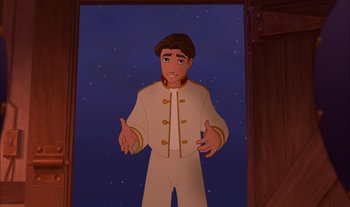 Movie still from “Treasure Planet” (2002), directed by John Musker – A man in a white suit standing in front of a window; Medium shot, Over the shoulder angle