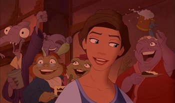 Movie still from “Treasure Planet” (2002), directed by John Musker – A group of cartoon characters and a woman in front; Medium shot, Over the shoulder angle