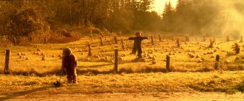 Movie still from “Trick 'r Treat” (2007), directed by Michael Dougherty – A scarecrow in the middle of a pumpkin patch; Extreme Wide shot, High angle