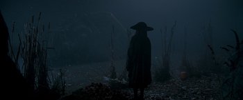 Movie still from “Trick 'r Treat” (2007), directed by Michael Dougherty – A person wearing a hat standing in the dark; Extreme Wide shot, Over the shoulder angle