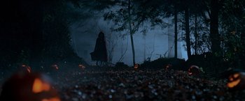 Movie still from “Trick 'r Treat” (2007), directed by Michael Dougherty – A person in a black cape in the woods; Extreme Wide shot, Low angle