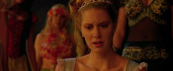 Movie still from “Trick 'r Treat” (2007), directed by Michael Dougherty – A person wearing a tiara; Close Up shot, Over the shoulder angle