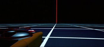 Movie still from “Tron” (1982), directed by Steven Lisberger – A tennis court with a red line on the court; Extreme Wide shot, Overhead angle