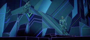 Movie still from “Tron” (1982), directed by Steven Lisberger – Two men standing on top of a building; Wide shot, Low angle