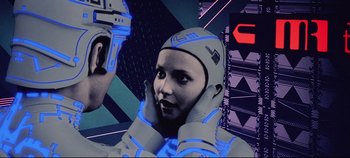 Movie still from “Tron” (1982), directed by Steven Lisberger – A woman in a futuristic suit is touching her face; Close Up shot, Over the shoulder angle
