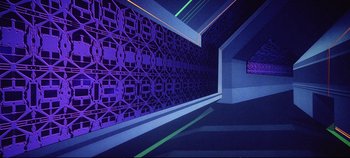 Movie still from “Tron” (1982), directed by Steven Lisberger – A room with a wall that has a pattern on the wall; Extreme Wide shot, Low angle