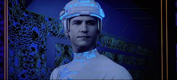 Movie still from “Tron” (1982), directed by Steven Lisberger – A man wearing a helmet with blue lights around it; Close Up shot, Low angle