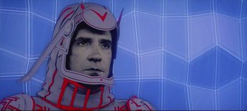 Movie still from “Tron” (1982), directed by Steven Lisberger – A painting of a man wearing a space suit; Close Up shot, Low angle