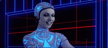 Movie still from “Tron” (1982), directed by Steven Lisberger – A woman in a futuristic costume with neon lights; Close Up shot, Low angle