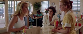 Movie still from “Twister” (1996), directed by Jan de Bont – A group of people sitting at a table in a restaurant; Medium shot, Over the shoulder angle