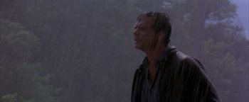Movie still from “Twister” (1996), directed by Jan de Bont – A man standing in the pouring rain with his eyes closed; Close Up shot, Low angle