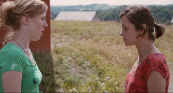 Movie still from “Two Days, One Night” (2014), directed by Jean-Pierre Dardenne – Two people standing next to each other on a field; Close Up shot, Over the shoulder angle