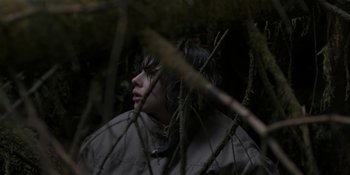 Movie still from “Under the Skin” (2013), directed by Jonathan Glazer – A woman in a jacket is standing in the woods; Close Up shot, Overhead angle