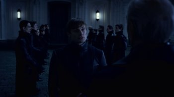 Movie still from “Underworld: Blood Wars” (2016), directed by Anna Foerster – A group of people standing in front of each other; Medium shot, Over the shoulder angle