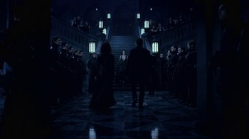 Movie still from “Underworld: Blood Wars” (2016), directed by Anna Foerster – A group of people standing in front of a staircase; Wide shot, High angle