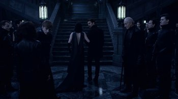 Movie still from “Underworld: Blood Wars” (2016), directed by Anna Foerster – A group of people standing in front of a staircase; Wide shot, High angle