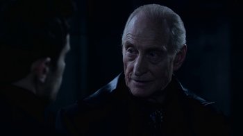 Movie still from “Underworld: Blood Wars” (2016), directed by Anna Foerster – An old man with a goatee is looking at a young man; Close Up shot, Over the shoulder angle