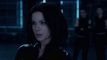 Movie still from “Underworld: Blood Wars” (2016), directed by Anna Foerster – A person wearing a leather jacket; Close Up shot, Over the shoulder angle