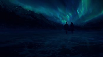 Movie still from “Underworld: Blood Wars” (2016), directed by Anna Foerster – Two people are standing in front of the aurora borealis; Extreme Wide shot, Low angle