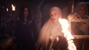 Movie still from “Underworld: Blood Wars” (2016), directed by Anna Foerster – A woman in a white dress and a woman in a black dress; Medium shot, Over the shoulder angle