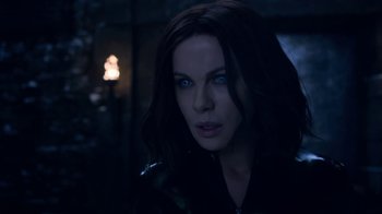 Movie still from “Underworld: Blood Wars” (2016), directed by Anna Foerster – A person with blue eyes; Close Up shot, Over the shoulder angle