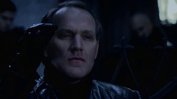 Movie still from “Underworld: Blood Wars” (2016), directed by Anna Foerster – A man in a leather jacket looking at the camera; Close Up shot, Low angle