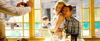 Movie still from “Unknown” (2011), directed by Jaume Collet-Serra – A man and a woman sitting at a table; Medium shot, Over the shoulder angle