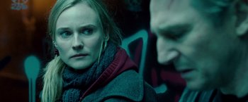 Movie still from “Unknown” (2011), directed by Jaume Collet-Serra – A woman sitting next to a man on a bus; Close Up shot, Over the shoulder angle