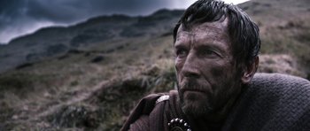 Movie still from “Valhalla Rising” (2009), directed by Nicolas Winding Refn – An old man with a beard and a mustache is looking at the camera; Close Up shot, Low angle