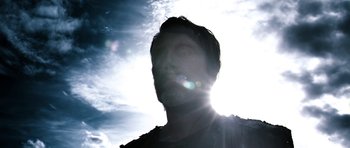 Movie still from “Valhalla Rising” (2009), directed by Nicolas Winding Refn – A man with a beard is looking at the camera; Close Up shot, Low angle