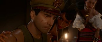 Movie still from “Welcome to Marwen” (2018), directed by Robert Zemeckis – A man and a woman in military uniforms; Close Up shot, High angle