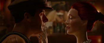 Movie still from “Welcome to Marwen” (2018), directed by Robert Zemeckis – A man and a woman looking at each other; Close Up shot, Over the shoulder angle