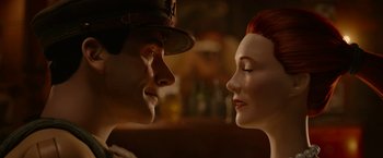 Movie still from “Welcome to Marwen” (2018), directed by Robert Zemeckis – A man and a woman face to face; Close Up shot, Over the shoulder angle