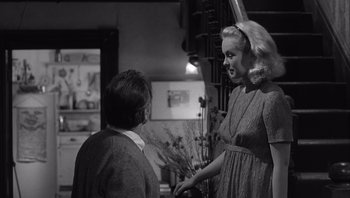 Movie still from “Who's Afraid of Virginia Woolf?” (1966), directed by Mike Nichols – A woman talking to a man in a room; Medium shot, Over the shoulder angle