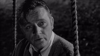 Movie still from “Who's Afraid of Virginia Woolf?” (1966), directed by Mike Nichols – A man with a beard and a jacket on; Close Up shot, Over the shoulder angle