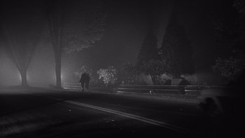 Movie still from “Who's Afraid of Virginia Woolf?” (1966), directed by Mike Nichols – A person riding a bike down a street at night; Extreme Wide shot, High angle