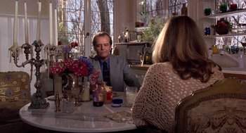 Movie still from “Wolf” (1994), directed by Mike Nichols – A man sitting at a dinner table with a woman; Medium shot, Over the shoulder angle