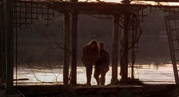 Movie still from “Wolf” (1994), directed by Mike Nichols – A man and a woman standing next to each other under an arbor; Wide shot, High angle